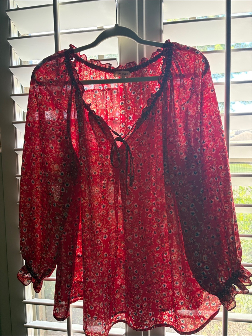 Max Studio Red Floral Sheer Peasant Blouse